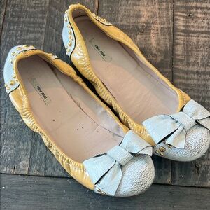 Miu Miu Yellow and Silver Flats with Bow Detail